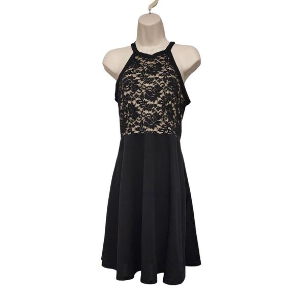 SHEIN Women's Floral Lace Halter Neckline Sleeveless Flared Black Dress Medium - Picture 1 of 7